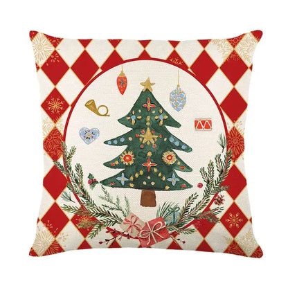 Red and white diamond patterned decorbites christmas pillowcase featuring a green tree with gold ornaments in festive wreath