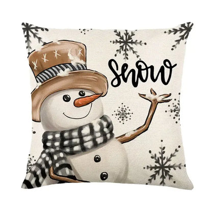 Beige decorbites christmas pillowcase featuring a cheerful snowman with top hat and checkered scarf from christmas pillowcase collection