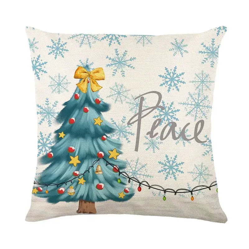 Beige decorbites christmas pillowcase featuring a teal christmas tree with ornaments and peace script in christmas pillowcase collection