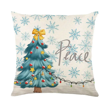 Beige decorbites christmas pillowcase featuring a teal christmas tree with ornaments and peace script in christmas pillowcase collection