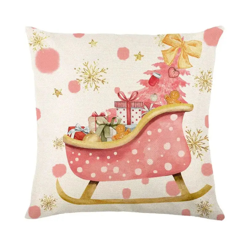 Decorbites christmas pillowcase featuring a pink polka-dotted sleigh with gold snowflakes and festive christmas tree design