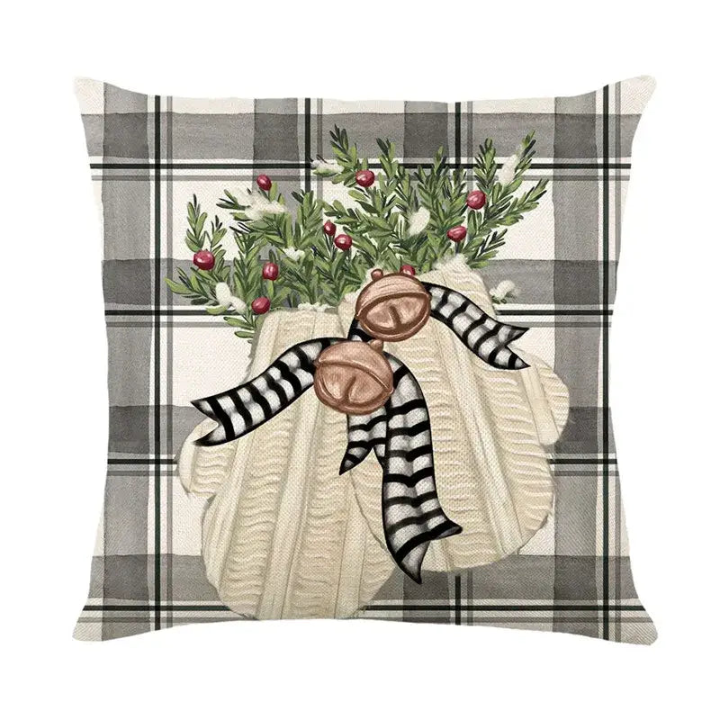 Cozy cream-colored knitted sweater with striped ribbon and copper bells in decorbites christmas pillowcase collection festive sofa decor