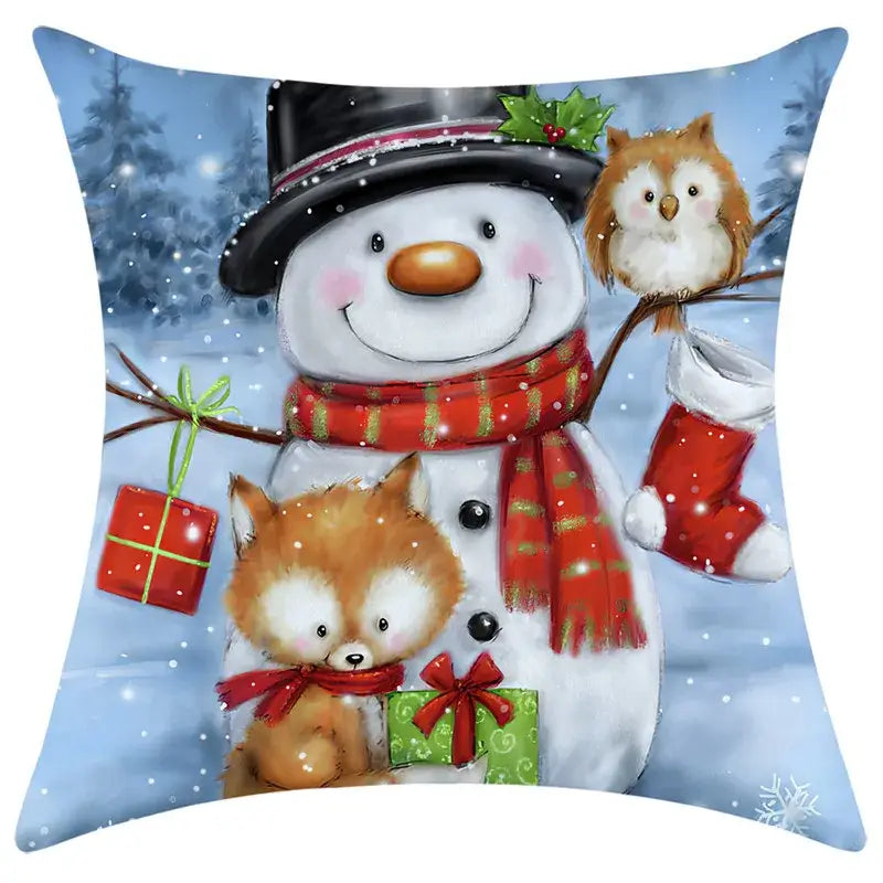 Cozy decorbites christmas pillowcase with cheerful snowman, owl, fox, and festive winter scene in vibrant colors
