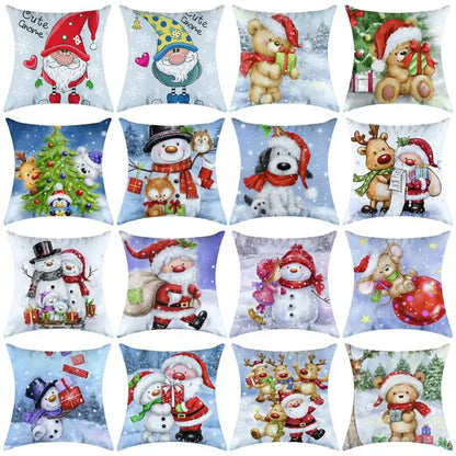 Decorbites christmas pillowcase featuring vibrant santa snowmen reindeer and gnomes on a snowy background