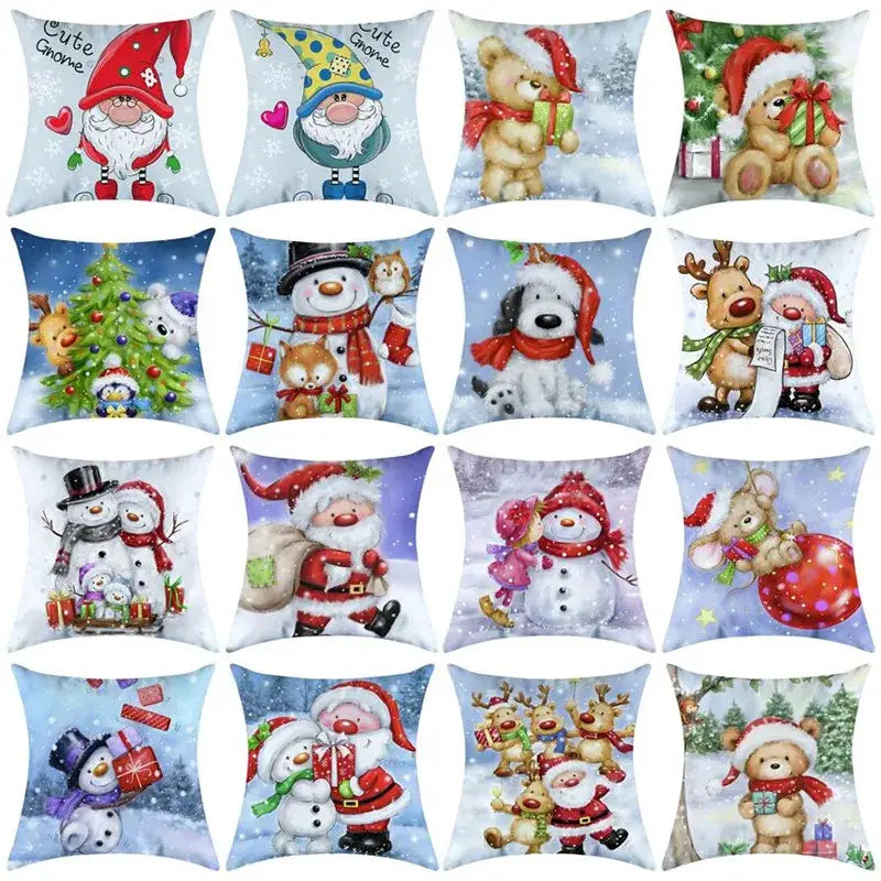 Decorbites christmas pillowcase featuring vibrant santa snowmen reindeer and gnomes on a snowy background