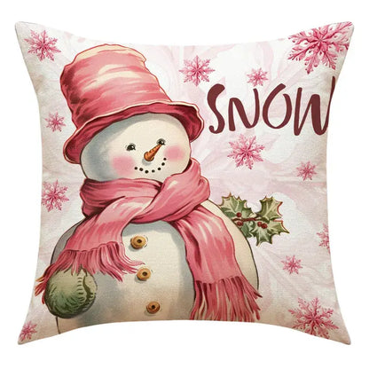 DecorBites™ cozy pink snowman print pillowcase with santa claus design and holly for living room sofa decor