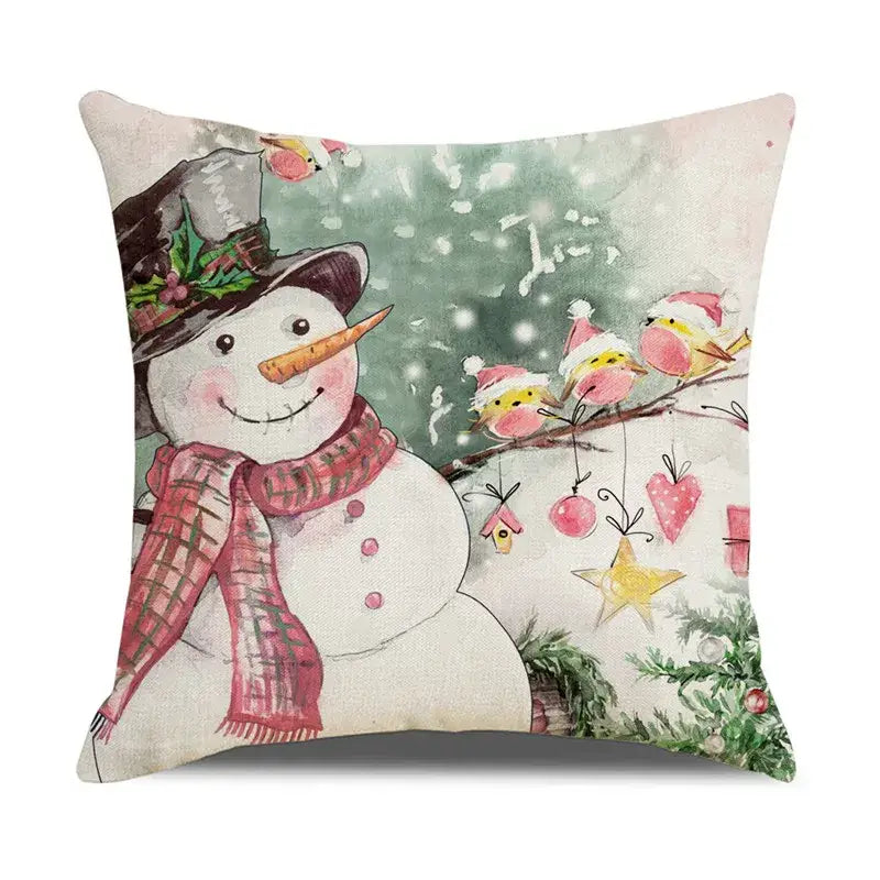 Decorbites christmas pillowcase with cheerful snowman print and santa claus birds for living room sofa decor