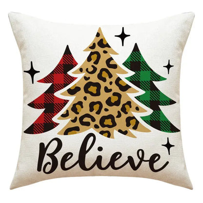Beige decorbites christmas pillowcase with three stylized trees and believe text for santa claus snowman print living room decor
