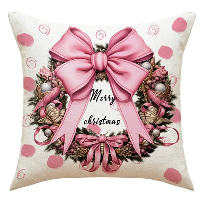 A cream-colored decorbites christmas pillowcase with festive wreath and merry christmas text for living room sofa with santa claus snowman print