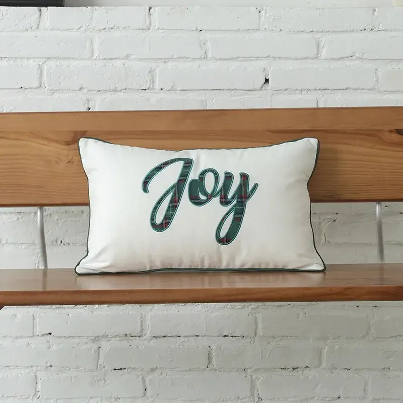 White rectangular cotton canvas cushion cover with decorbites christmas plaid joy embroidery and dark green piping