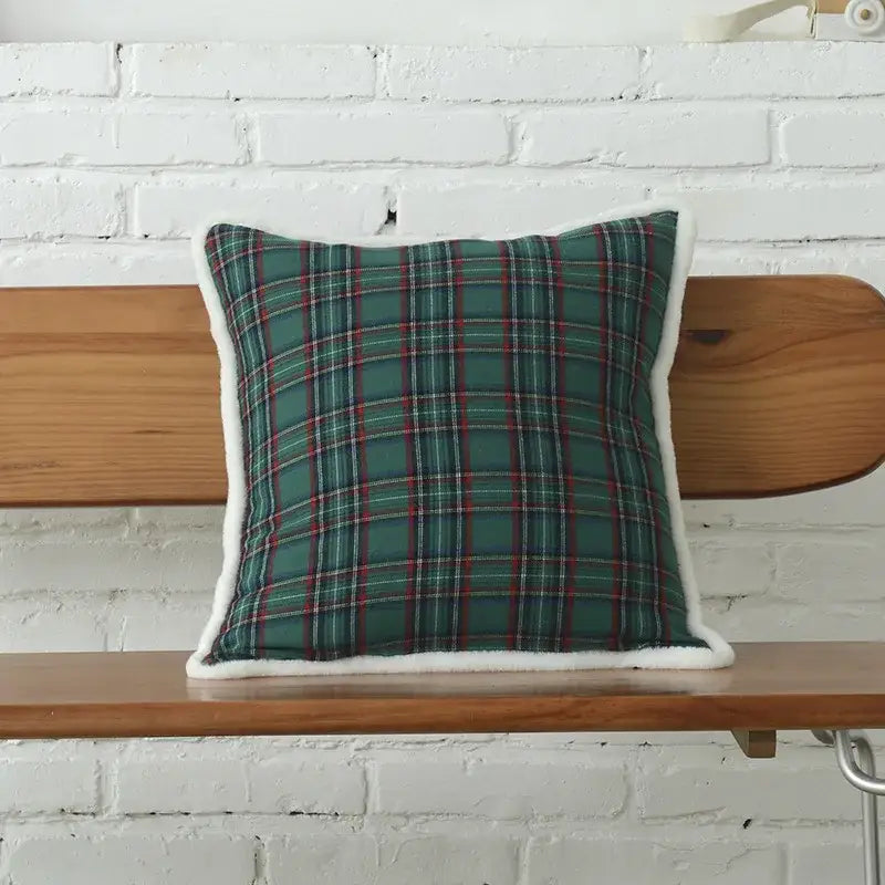 Cozy DecorBites christmas plaid cotton canvas cushion cover with green red white plaid and snowflake embroidery trim