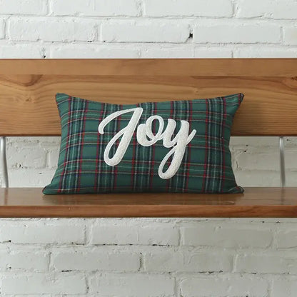 Rectangular green plaid cotton cushion cover with white embroidered joy lettering decorbites christmas plaid design