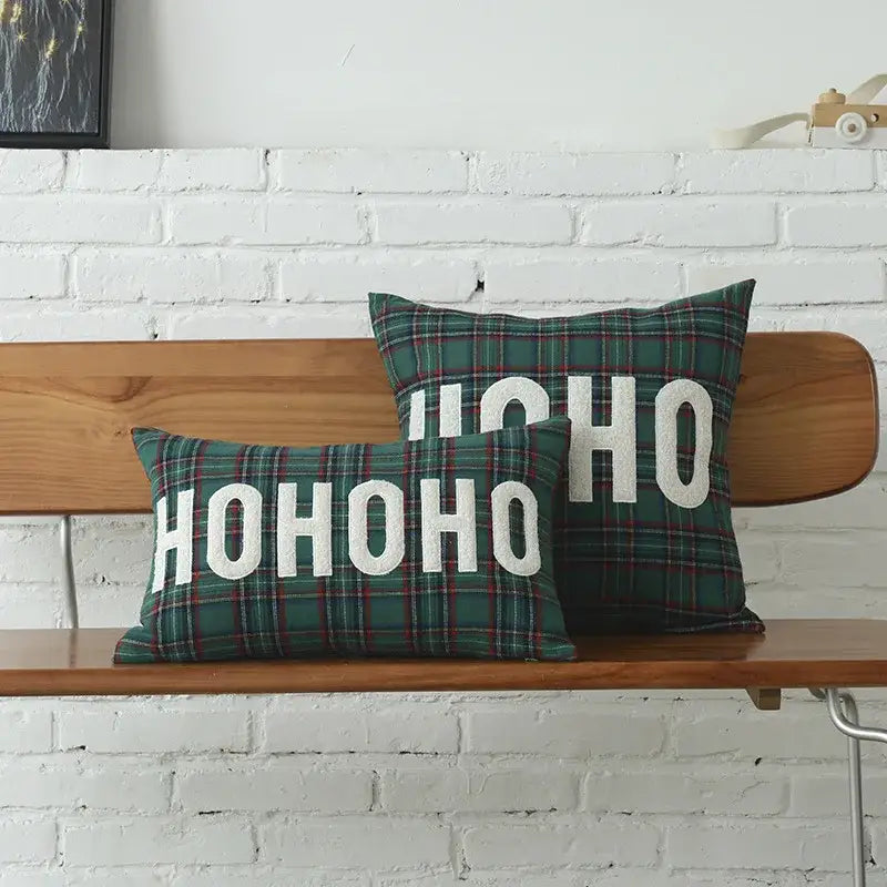 Green plaid christmas plaid cotton cushion cover by decorbites with white ho ho ho lettering and snowflake embroidery