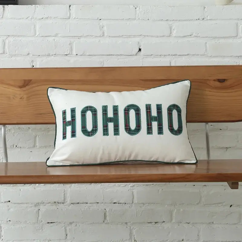 White rectangular cushion cover with ho ho ho in green plaid lettering and border decorbites christmas plaid cotton