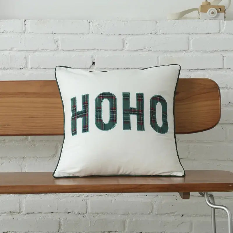 White square decorbites christmas plaid cotton cushion cover with ho ho in green plaid letters and black stitched border