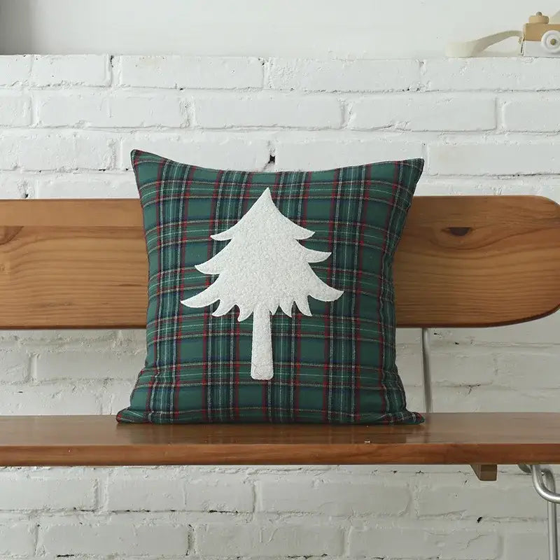 Green plaid cotton cushion cover with white felt tree appliqué from decorbites christmas plaid collection