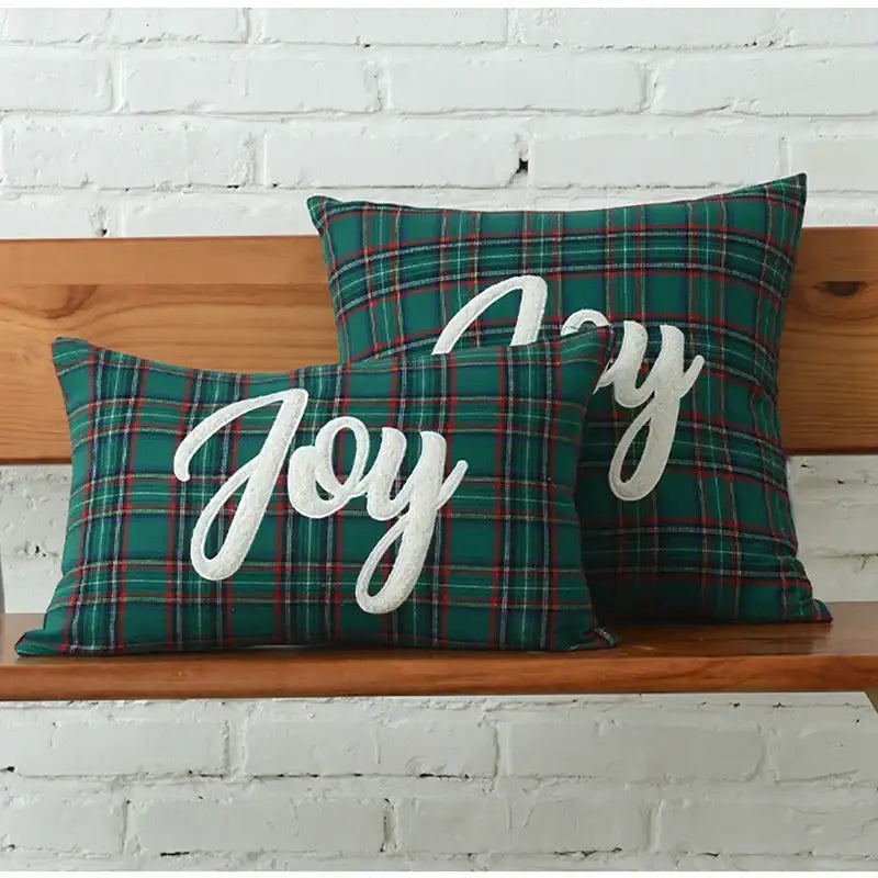 Decorbites christmas plaid cotton cushion cover with green plaid throw pillows and white embroidered joy lettering