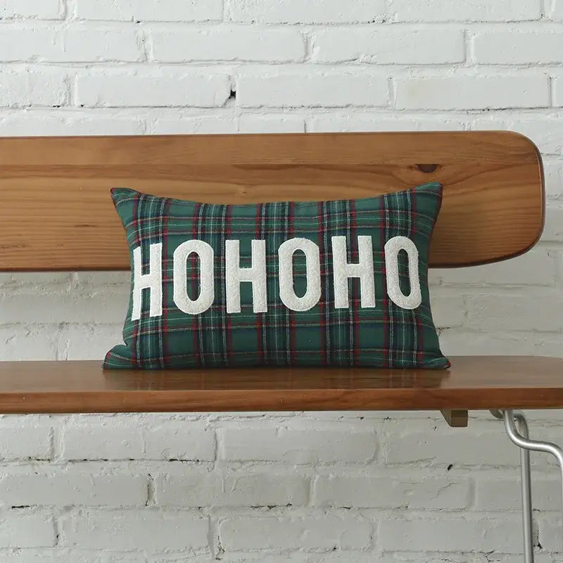 Green plaid cotton cushion cover by decorbites christmas plaid with white embroidered hohoo text and snowflake design