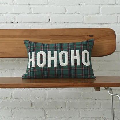 Green plaid cotton cushion cover by decorbites christmas plaid with white embroidered hohoo text and snowflake design