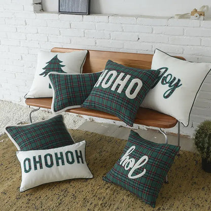 Decorbites christmas plaid cotton cushion cover with green and white plaid and festive letter snowflake embroidery