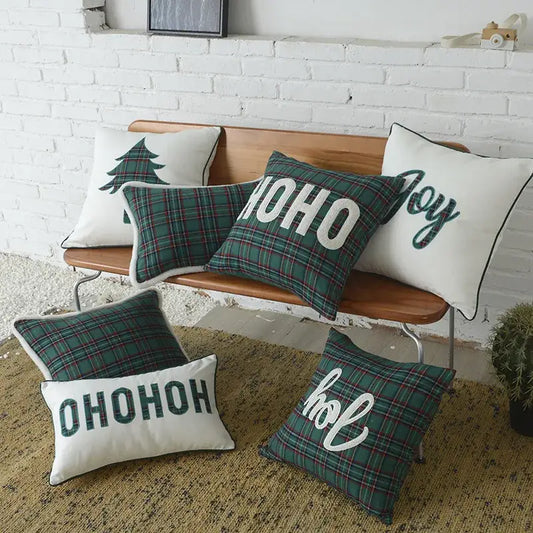 Decorbites christmas plaid cotton cushion cover with green and white plaid and festive letter snowflake embroidery