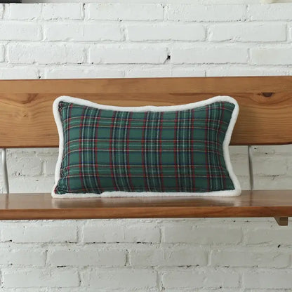Rectangular decorbites christmas plaid cotton cushion cover in green and red with white faux fur trim and snowflake embroidery