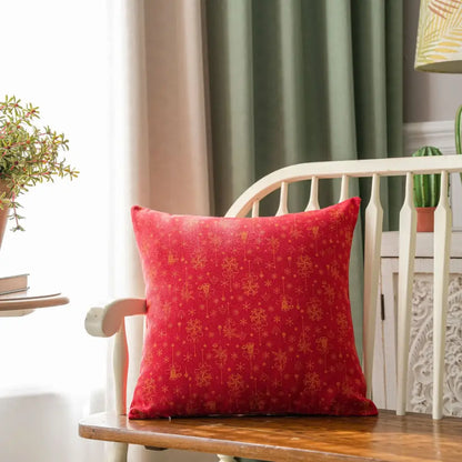 Red cushion cover from decorbites christmas plaid collection with golden snowflakes and bells for festive holiday decor