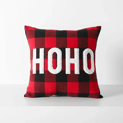Red and black plaid cushion cover with white ho ho lettering from decorbites christmas plaid collection for sofa bed