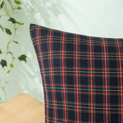 Decorbites christmas plaid pillow covers featuring navy blue tartan with bold red and thin green stripes for farmhouse decor