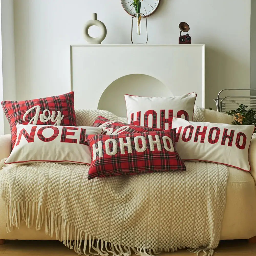 Decorbites christmas plaid red and white plaid print pillow cases with embroidered holiday text for festive decor