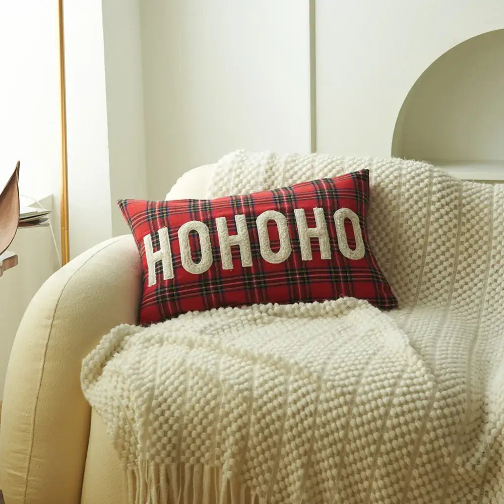 DecorBites Christmas plaid red pillow with hohoo embroidered in cream for festive holiday home decor