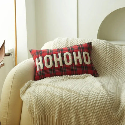 DecorBites Christmas plaid red pillow with hohoo embroidered in cream for festive holiday home decor
