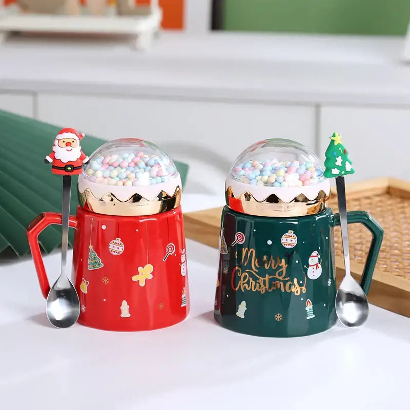 Decorbites christmas planet ceramic mug set with red and green ceramic mugs, gold-trimmed lids, and festive spoons