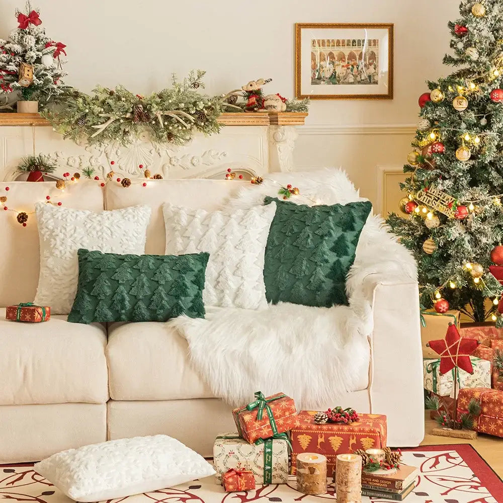 Decorbites christmas plush white and emerald green textured plush pillow case set with faux-fur finish for holiday decor