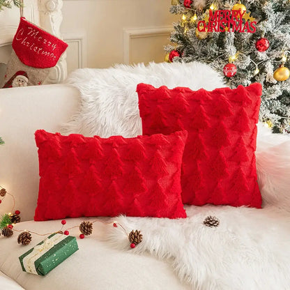 Decorbites christmas plush vibrant red textured throw pillow case set with plush fuzzy surface and ruffled edges for holiday decor