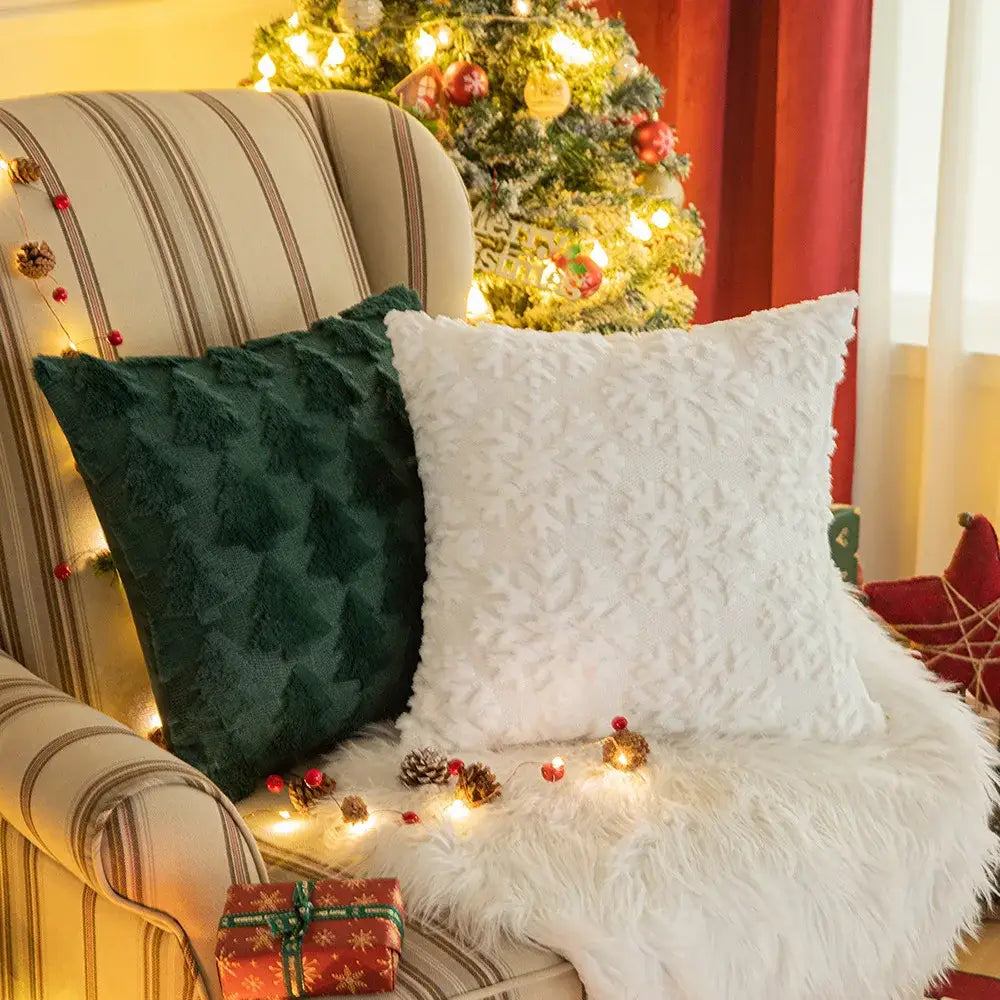 Decorbites christmas plush white and dark green textured throw pillows with plush fuzzy surface for sofa cushions