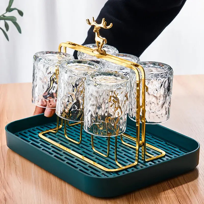 Decorbites™ christmas reindeer cups holder set with gold deer-shaped holder, textured clear glass cups, and teal plastic tray base