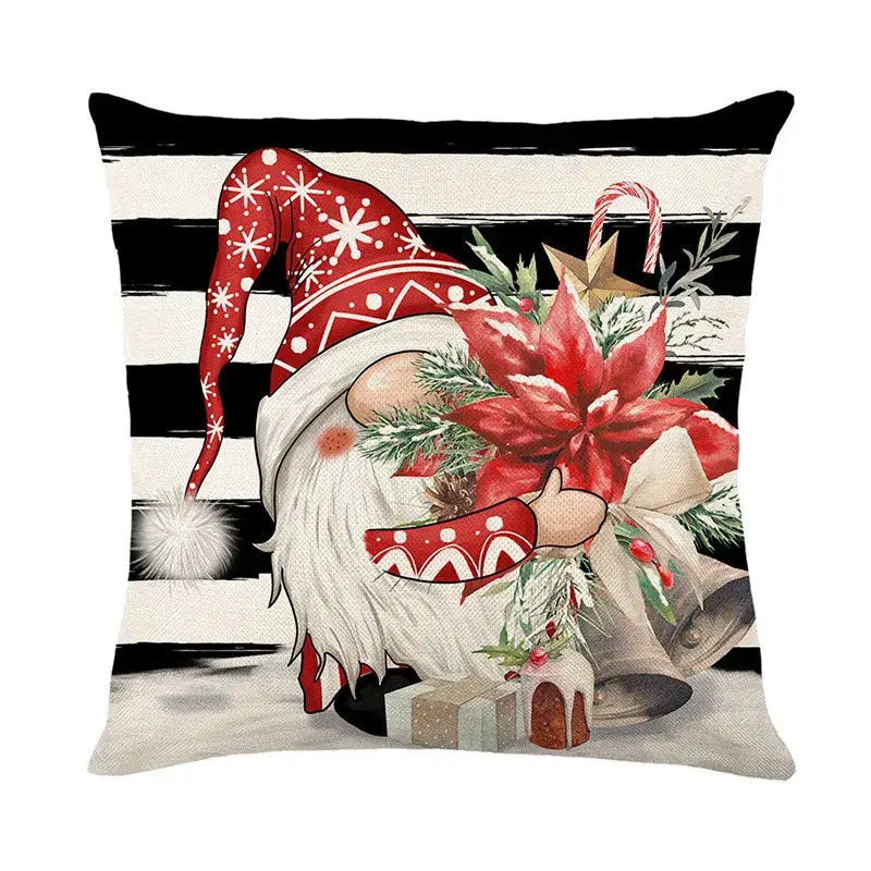 Red and white patterned gnome-themed decorbites christmas santa claus linen pillow cover with black cream stripes background
