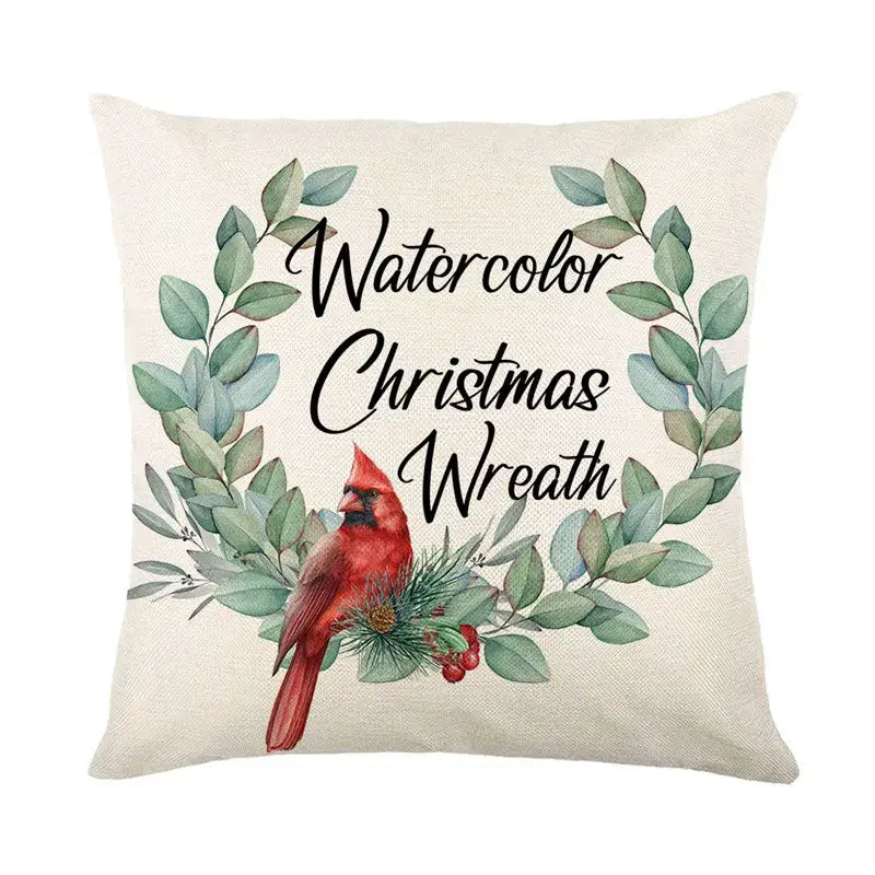 Beige linen pillow cover with red cardinal watercolor design for decorbites christmas santa living room decor