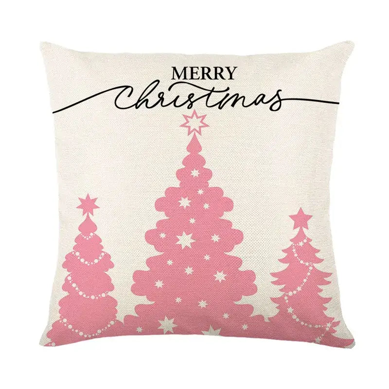 Beige linen pillow cover with pink christmas tree design and merry christmas text by decorbites christmas santa