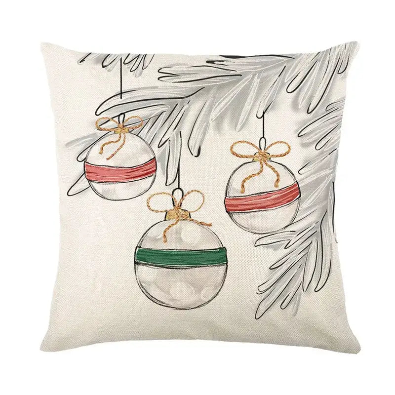 Beige linen pillow cover with festive hanging ornaments in red and green ribbons decorbites christmas santa design