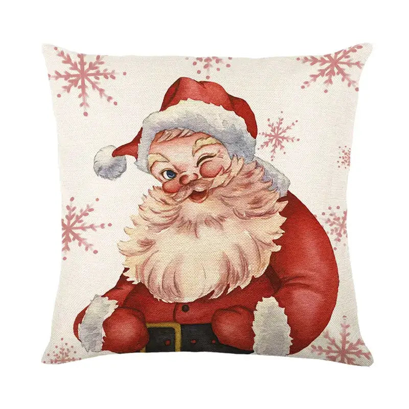 Cream-colored linen pillow cover with vintage santa claus and pink snowflakes decorbites christmas santa design
