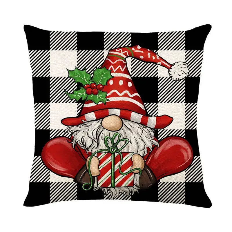 Decorbites christmas santa claus linen pillow cover with red and white stripes on black and white checkered background