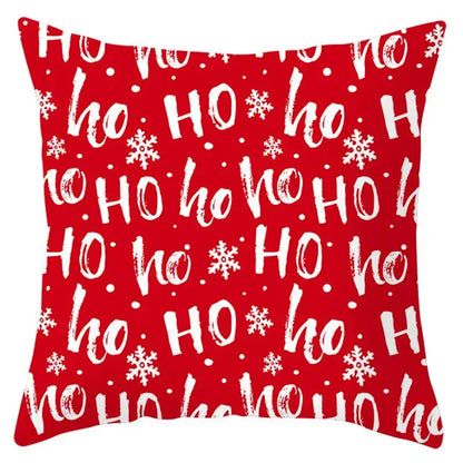 Red holiday pillow cover with white ho ho text and snowflake patterns decorbites christmas santa claus design