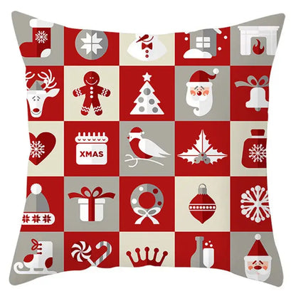 Red and gray holiday pillow cover with white Santa Claus and snowflake icons on checkered pattern by DecorBites Christmas Santa