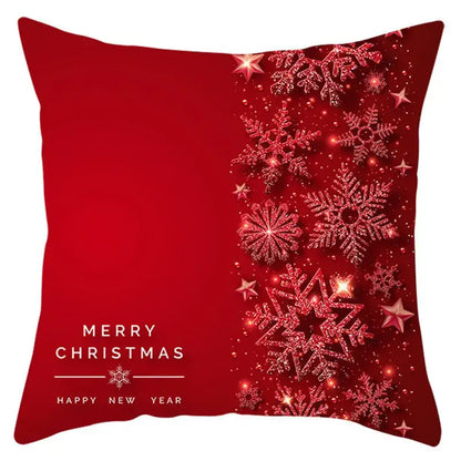 Red christmas-themed pillow cover with glittery snowflakes stars and merry christmas happy new year text by decorbites christmas santa