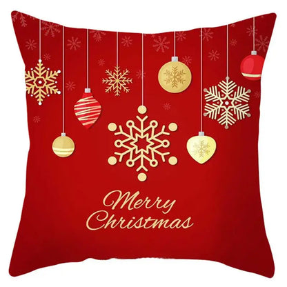 Red decorbites christmas santa claus pillow cover with gold snowflakes ornaments and merry christmas script