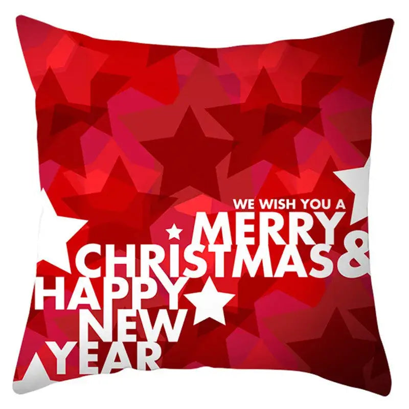 Red geometric star-patterned pillow cover with merry christmas and happy new year text decorbites christmas santa claus