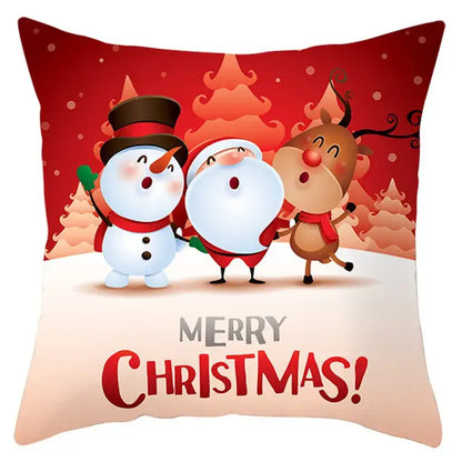 Red and white christmas-themed pillow cover with santa claus snowman reindeer and merry christmas print by decorbites christmas santa