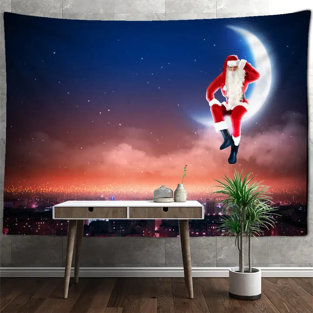 Decorbites™ christmas santa claus tapestry featuring a festive red and white claus tapestry with a crescent moon and cityscape background